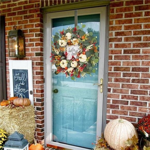 18 Inch Fall Wreath - Autumn Pumpkin & Eucalyptus‎ Wreath for Door, Mantel, Wall - Picture 6 of 7